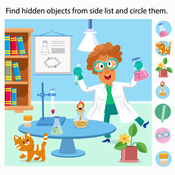 Find hidden objects from side list and circle them laboratory science game. Man scientist conducts chemistry experiments in lab with cute ginger cat and professional equipment. Educational vector