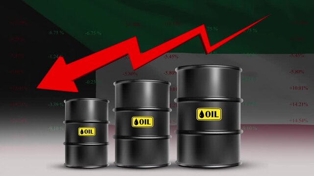 Oil price decline Kuwait economy concept with barrels and red arrow