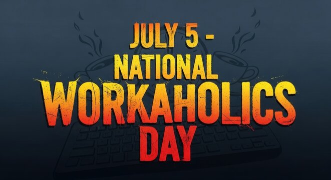 July 5 National Workaholics Day poster with bold typography on dark grunge background