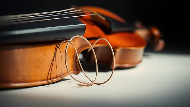 violin. Violin with a single snapped string curling on its wooden body, dramatic lighting. event programs, museum guides, designed for cultural heritage projects and event programs.
