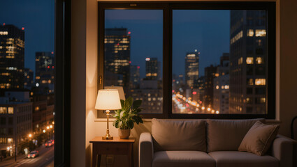 Fototapeta premium Cozy Living Room at Night with City Skyline View and Illuminated Skyscrapers