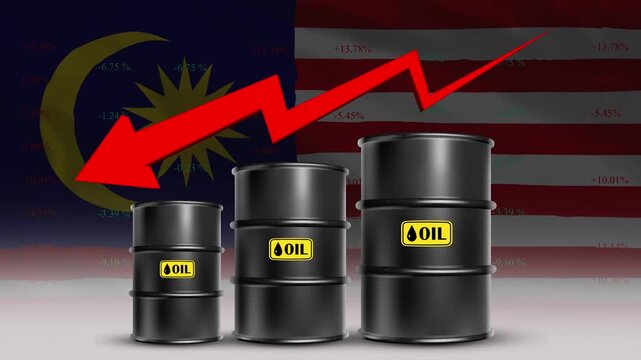 Oil price decline Malaysia economy concept with barrels and red arrow