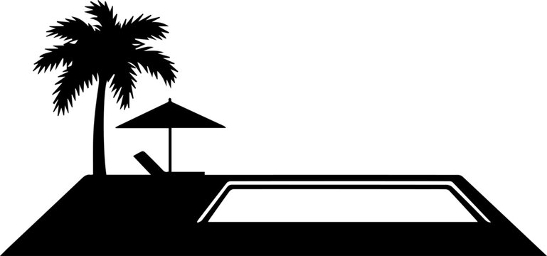 Swimming Pool Silhouette with Palm Tree Beach Umbrella and Lounge Chair Vector Illustration