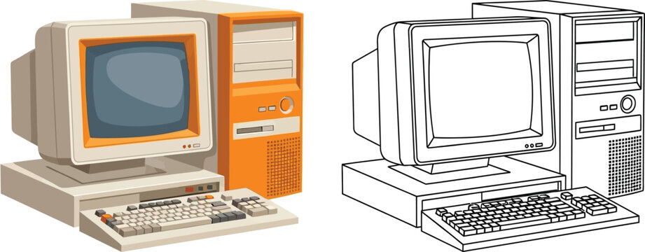 Retro computer set with monitor and keyboard vintage technology illustration for design isolated on white