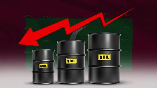 Oil price decline Maldives economy concept with barrels and red arrow