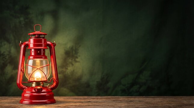 Glowing Red Vintage Lantern on a Wooden Table against Dark Green Background