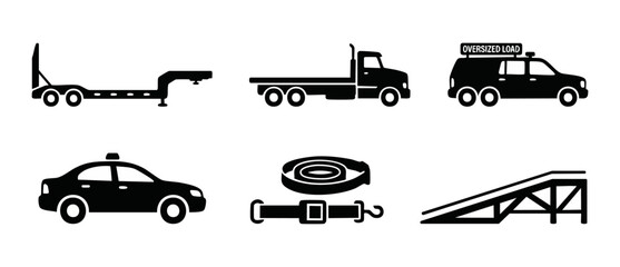 Plakat Oversized Load Transportation Icons Set for Heavy Haulage and Logistics Services, featuring flatbed trailer, pilot car, cargo straps, and loading ramp silhouettes for construction and shipping industr