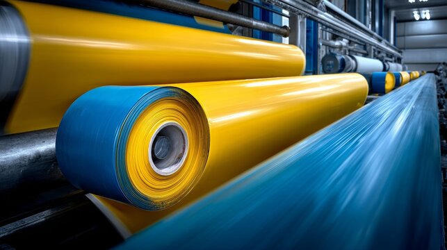 Large rolls of yellow and blue paper material being fed into an industrial printing machine for manufacturing processes