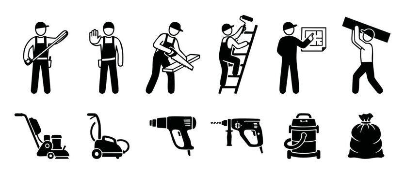 Construction Worker Icons Set - Professional Builder Tasks and Tools Symbols, Featuring Manual Labor Actions, Power Equipment, and Building Site Maintenance Pictograms for Infrastructure and Renovatio