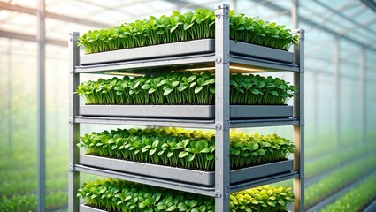 Fototapeta premium Vertical farming tower with fresh greens growing in a modern greenhouse