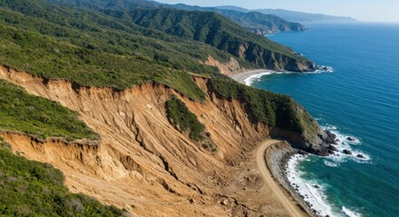 Obraz premium Aerial view of coastal cliff with landslides, road, and ocean