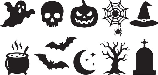 Obraz premium Halloween icons, black silhouettes, spooky symbols, 10 vector graphics
