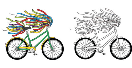 Fototapeta premium Green Bicycle Decorated with Colorful Rainbow Ribbons Illustration and Line Art Coloring Page for Kids Celebration and Parade Vector