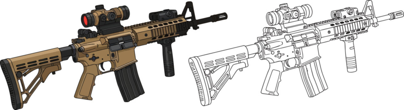Assault rifle with scope and foregrip realistic vector illustration and line art isolated on white background for design
