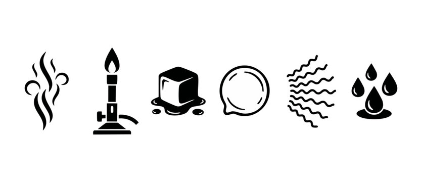 Scientific experiment laboratory icons set, including bunsen burner, melting ice cube, steam, heat waves, and water drops, isolated on white background, minimalist flat vector illustration for science
