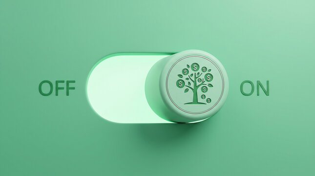 A 3D-rendered toggle switch in ON position with a money tree icon on a fresh mint surface, representing passive income and financial freedom activation.