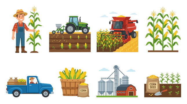 Cartoon icons representing corn farming activities featuring a happy farmer, agricultural machinery, harvest equipment, storage silos, and various vegetable crops.