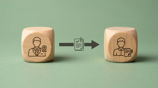 Two wooden cubes with a manager icon passing a task arrow to a team member icon on a soft green background, representing effective delegation.