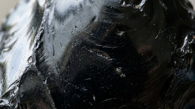 Close-up of thick, dark crude oil or tar with a glossy, textured surface and some lighter, possibly reflective areas.