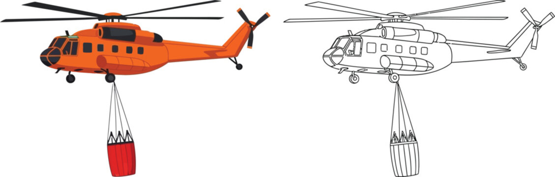 Orange firefighting helicopter with water bucket vector illustration and outline for rescue and emergency services