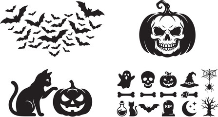 Obraz premium Halloween icons, black silhouette symbols, spooky decorations, vector graphics