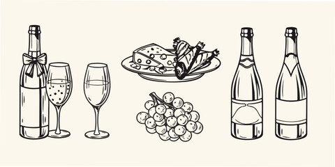 A festive arrangement of champagne bottles glasses cheese and grapes © Hemlata
