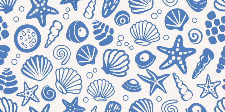 Blue and white seashell pattern with starfish and various marine life