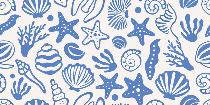 A seamless pattern of blue seashells starfish and marine life