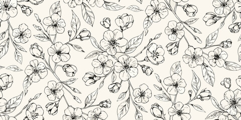Delicate floral pattern featuring sketched cherry blossoms and winding stems © Hemlata