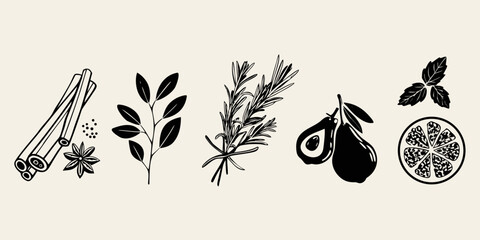 Botanical illustration featuring cinnamon sticks herbs avocado and citrus © Hemlata