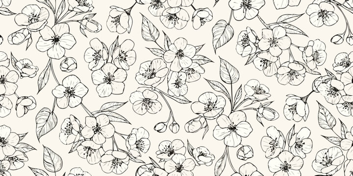 Delicate floral pattern featuring blossoming cherry branches and leaves