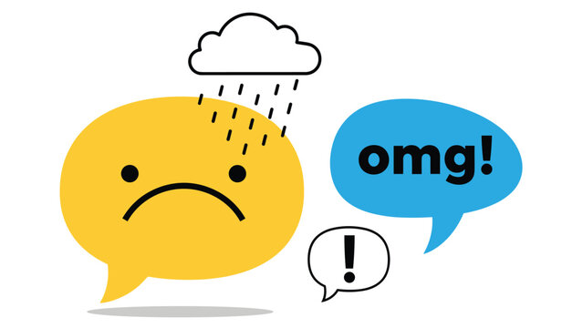 Sad yellow emoji face with a raining cloud above it and a message bubble with the word omg for bad news reaction.
