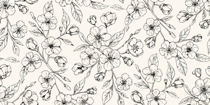 Delicate floral pattern featuring sketched cherry blossoms and winding stems