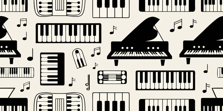 A repeating pattern of various musical instruments and musical notes