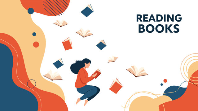 Young woman sitting and reading a book with many books floating around her against a creative abstract background.