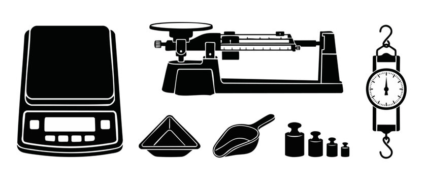 Weight scales icon set, electronic and manual measuring instruments. Professional laboratory and kitchen weighing tools with balance, digital scale, hanging scale, weights, and scoops for precise meas