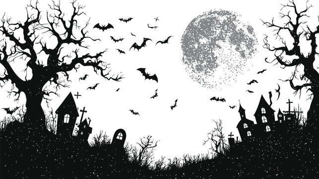 Spooky Halloween Cemetery Scene with Bats and Full Moon.