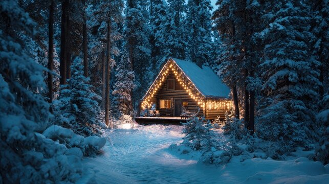 Cozy log cabin decorated with festive lights in a snowy forest, surrounded by tall pine trees during a tranquil winter evening, evoking holiday spirit and warmth