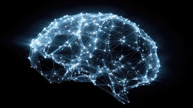 Futuristic Digital Brain Concept Representing Neural Connections and Artificial Intelligence with Glowing Nodes and Lines on a Dark Background