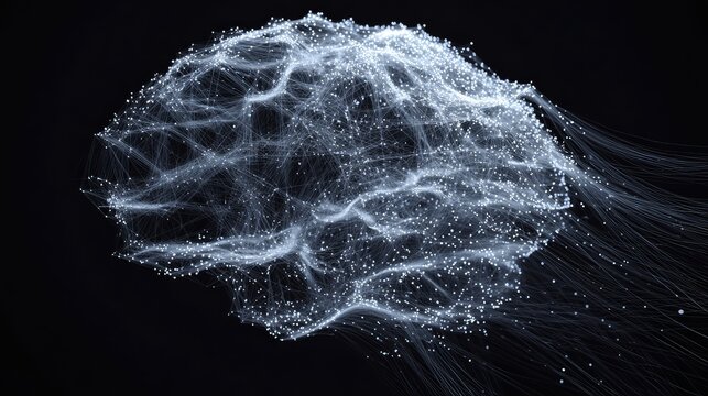 Abstract representation of neural connections in a human brain, illustrated with glowing lines and particles against a dark background symbolizing intelligence and technology concepts.