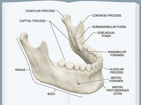 A detailed illustration of a human jawbone with labeled anatomical features