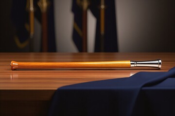 Fototapeta premium Single parade baton on a wooden table in a formal ceremonial setting