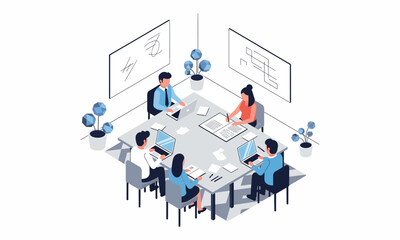 Naklejka premium Isometric business meeting with diverse team collaborating in office.
