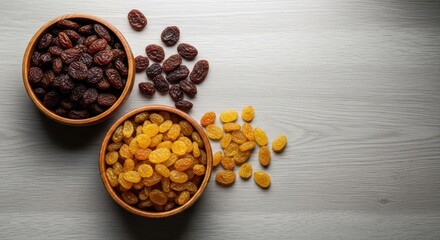 Obraz premium Top view of dark and golden raisins in wooden bowls on a light wooden table