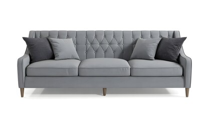 Fototapeta premium Gray tufted sofa, modern furniture, living room couch, upholstered seating