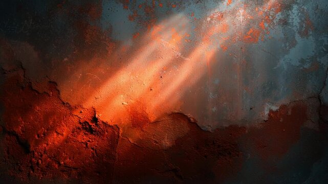 Orange light leak effect on blue concrete wall concept. Rusty textured metal surface with dramatic light rays and weathered worn paint in orange and blue tones