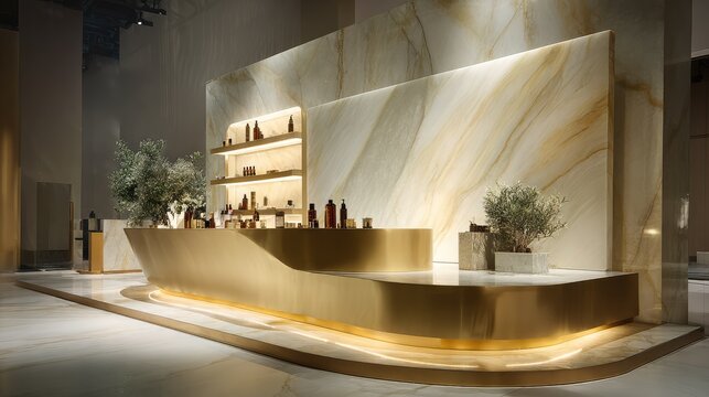 Modern and Elegant Retail Display Featuring Marble Walls and Gold Accents in a Stylish Interior Setting Ideal for Luxury Brands and Upscale Shopping Experiences