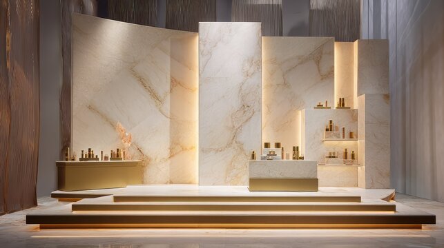 Elegant and Modern Display of Luxury Skincare Products on a Marble Background Featuring Warm Lighting and Sophisticated Design Aesthetics for Beauty Industry Promotion