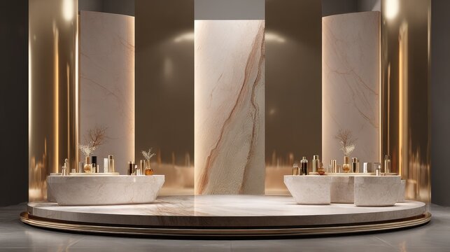 Elegant luxury skincare display with marble textures and warm lighting creating a serene atmosphere for beauty products and wellness essentials in a modern setting