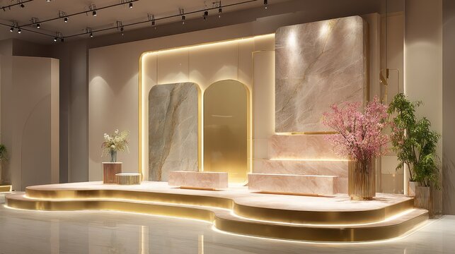 Elegant Modern Interior Design with Marble Textures and Soft Lighting, Perfect for Event Spaces, Showrooms, and Luxury Retail Environments